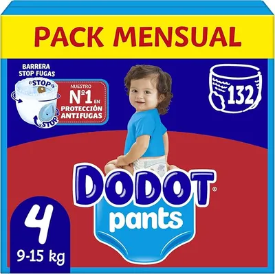 Dodot Bebé Pants Pañales, Talla 4, 9-15 kg, 132 Pañales, Pañal-Braguita con Ajuste 360° Anti-Fugas, Pack Mensual
