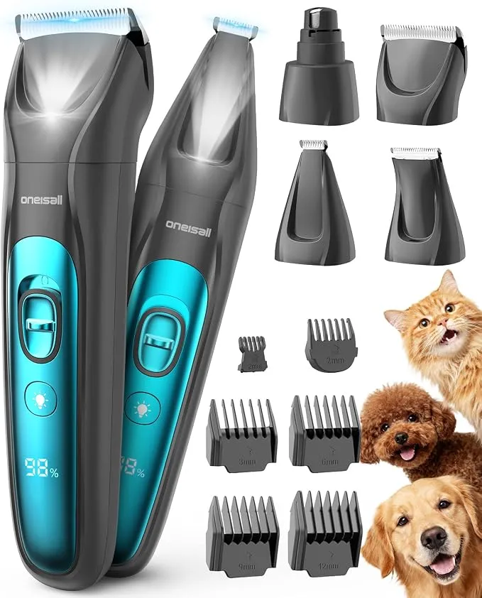 Oneisall Cortapelos Silencioso para Mascotas 4 en 1 con LED (Azul)