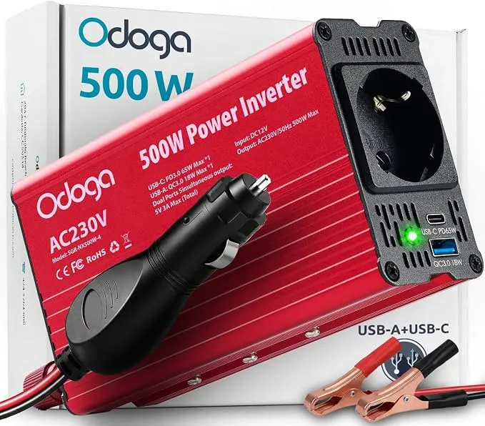Inversor de Corriente 12V a 230V (500W) con Puerto USB-C para Coche