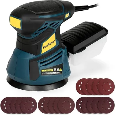 Enventor Lijadora Madera 350W, Lijadora Orbital Electrica con 6 Velocidades Variables, 6000-13000RPM, 125MM, 20PCS (80, 120, 180, 240 Grit), Lijadora Electrica para Madera y Acero