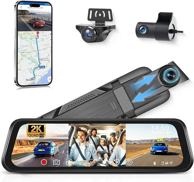 Cámara de Coche 3 Lentes 2K Delantera/1080P Interior/Trasera con WiFi y Pantalla Táctil