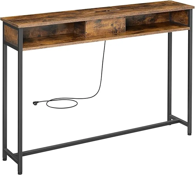 VASAGLE Mesa de Consola Delgada con Multienchufe y 2 Compartimentos, 120x25x81 cm, Marrón y Negro