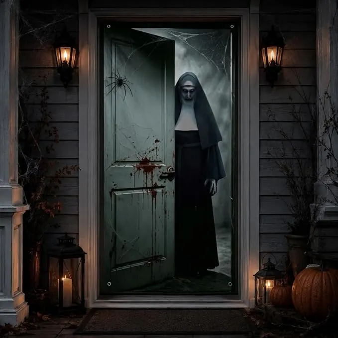 Pancarta de Puerta de Halloween de Monja Terrorífica