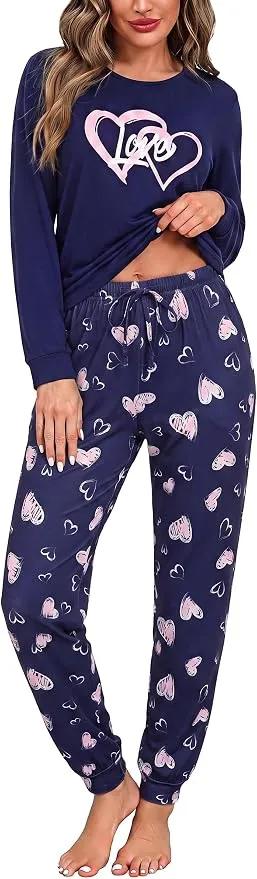 Bresdk Pijama Mujer Algodón Invierno Largo Estampado Conjunto Manga Larga