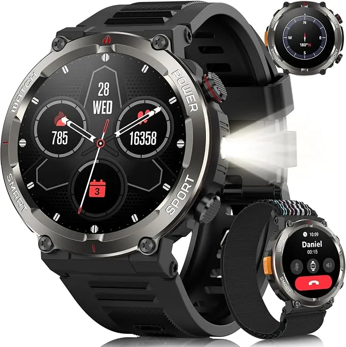 Reloj Inteligente Militar para Hombre con Llamadas, Linterna LED y Brújula