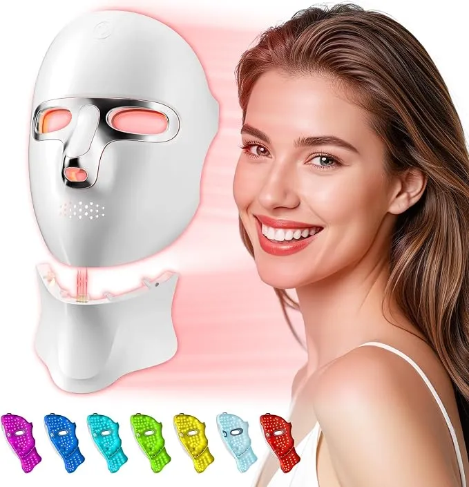 Tinkoola Máscara LED Facial y Cervical Recargable USB-C con 7 Modos de Luz