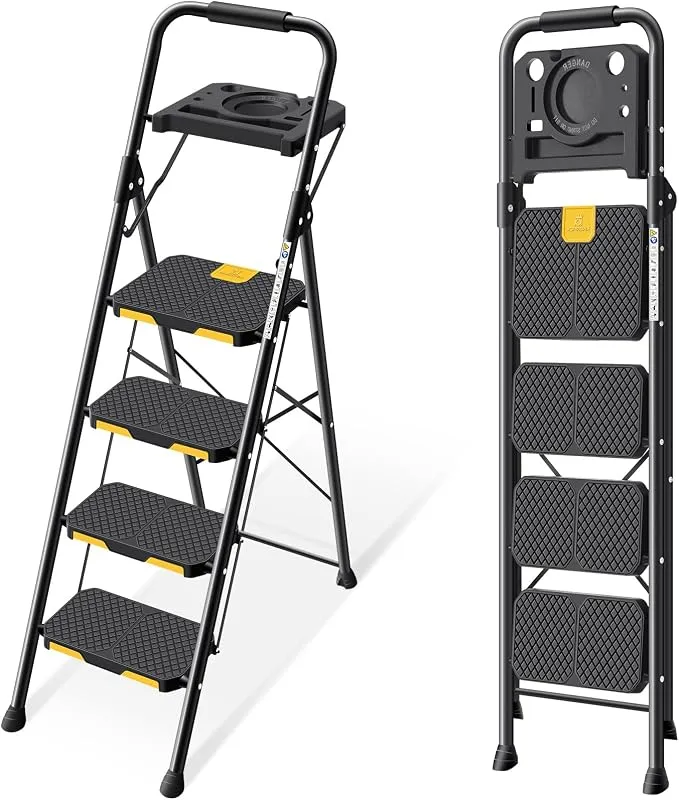 KINGRACK Escalera Plegable Profesional 4 Peldaños con Bandeja y Pasamanos - Soporta 360 kg