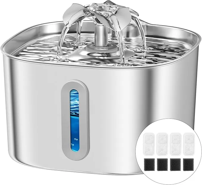 Fuente de Agua Automática para Gatos y Perros Pequeños de Acero Inoxidable (3.2L) con Filtros y Luces LED