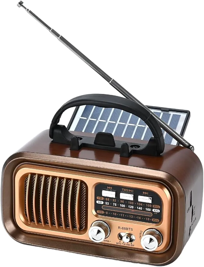 Radio Retro Portátil Bluetooth AM/FM/SW con Batería Recargable y Panel Solar
