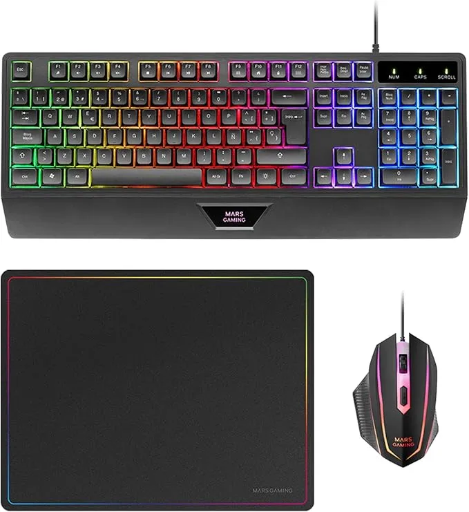 Mars Gaming MCP124 Combo Gaming 3en1: Teclado H-Mech RGB, Ratón 3200DPI y Alfombrilla Nanotextil