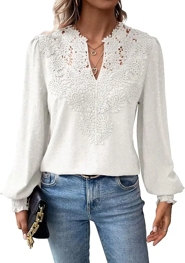 TUUHAW Blusa Manga Larga Mujer Cuello V Puntos Suizos Blanco Talla L