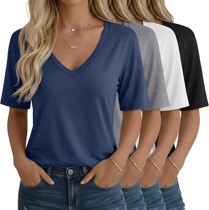 4 Pack Camisetas de Mujer Manga Corta Cuello en V Tops Longitud Codo Ajuste Holgado
