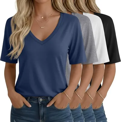 4 Pack Camisetas de Mujer Manga Corta Cuello en V Tops Longitud Codo Ajuste Holgado