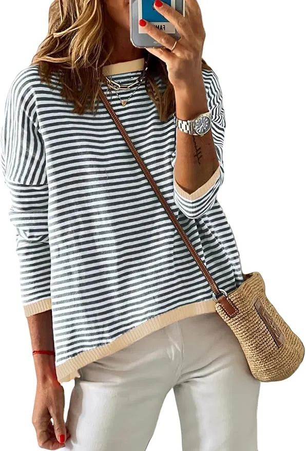 Cuptacc Jersey Mujer a Rayas Sudadera Manga Larga Cuello Redondo Algodón Tops Casual