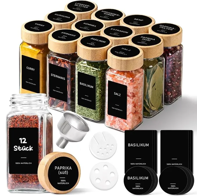 ComSaf Botes para Especias de Cristal (120 ml, Pack de 12) con Tapas de Bambú