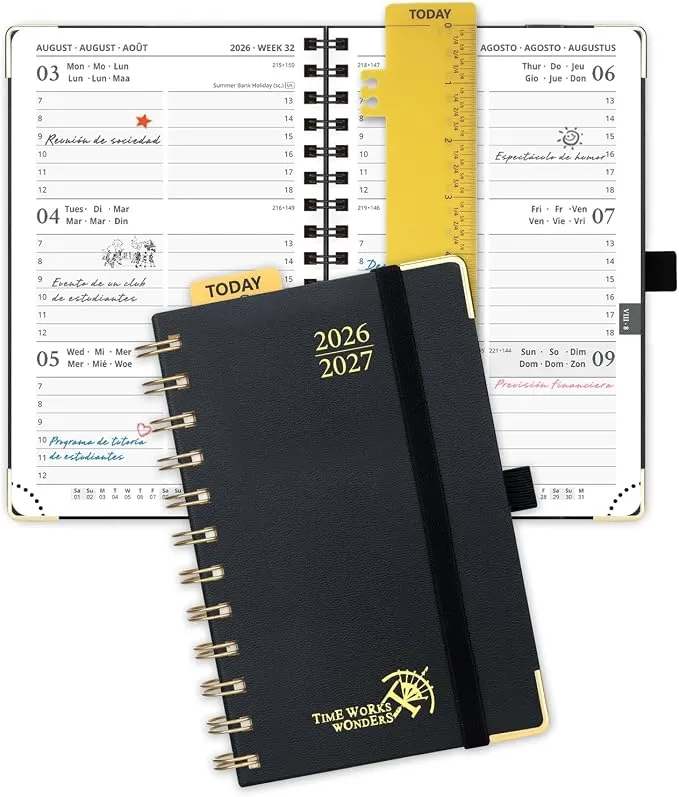 POPRUN Agenda 2026-2027 A6 Semana Vista, Tapa Dura, 17 Meses, Negro