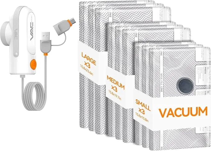 Pack 9 Bolsas de Vacío para Ropa con Bomba USB/Type-C