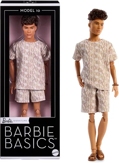 Barbie Basics, Muñeco 10 con Pelo castaño, Camiseta y Pantalones Cortos con Estampado a Juego, Ropa Intercambiable con Otros muñecos y Cuerpo articulado, JJX29