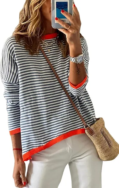 Cuptacc Jersey Mujer Rayas Sudadera Manga Larga Cuello Redondo Algodón Casual