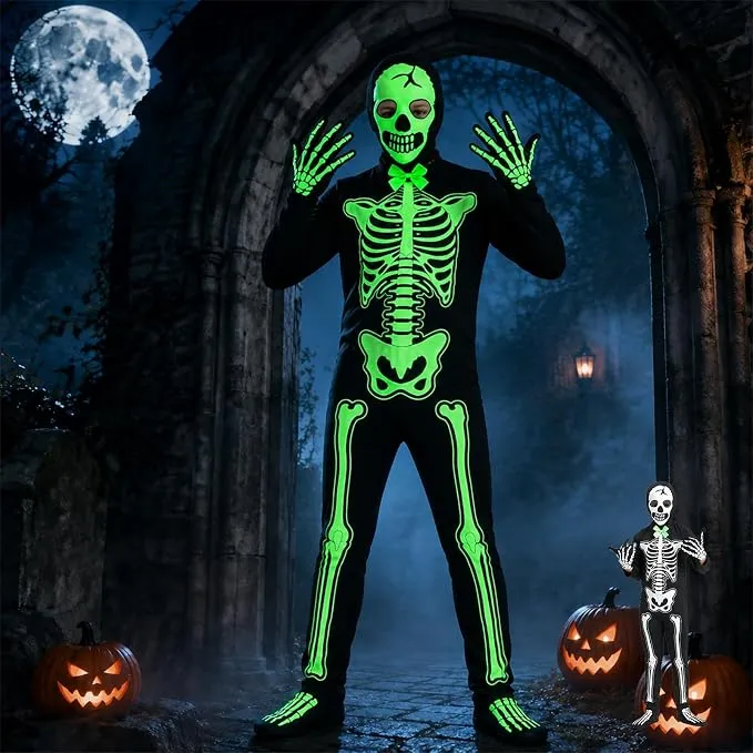 Disfraz de Esqueleto Luminoso para Adultos con Capucha y Guantes