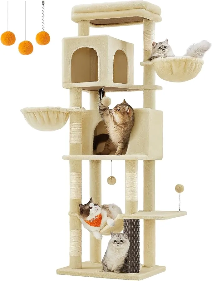 Árbol para Gatos Feandrea de 174 cm, Multinivel con 2 Cuevas, Beige