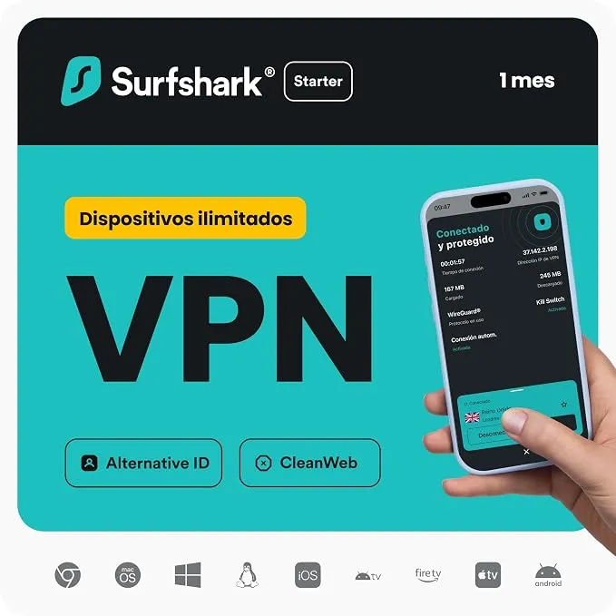 Surfshark Starter, VPN, Starter, 1 Mese, Código Digital