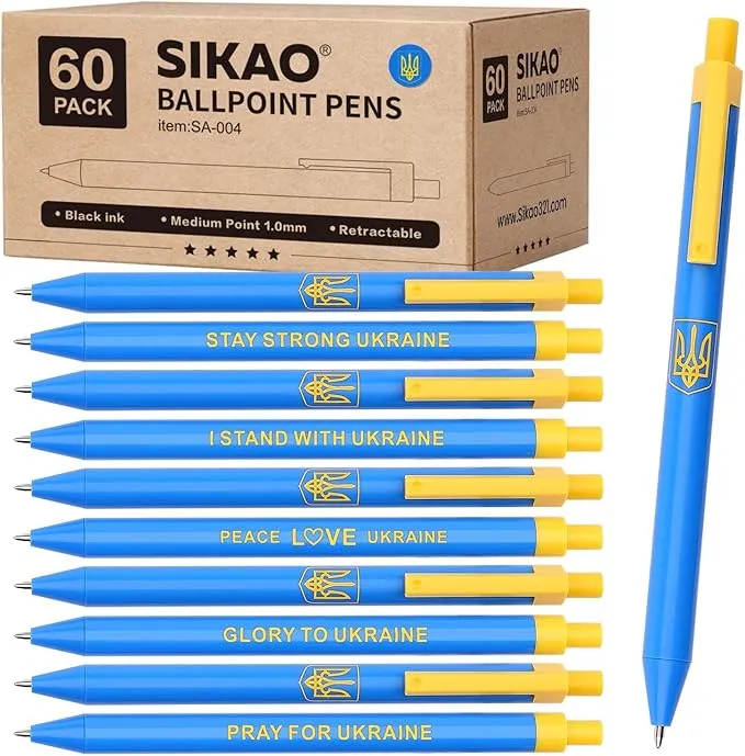 Ucrania - Bolígrafos a granel, paquete de 60 bolígrafos azul/amarillo, tinta negra de 1.0 mm, escritura suave, bolígrafos de clic "Support Ukraine" con emblemas Tryzub, perfectos para la escuela