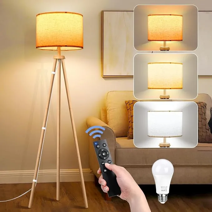 Lámpara de Pie Trípode NIKYJM de Madera Regulable con Bombilla LED 12W
