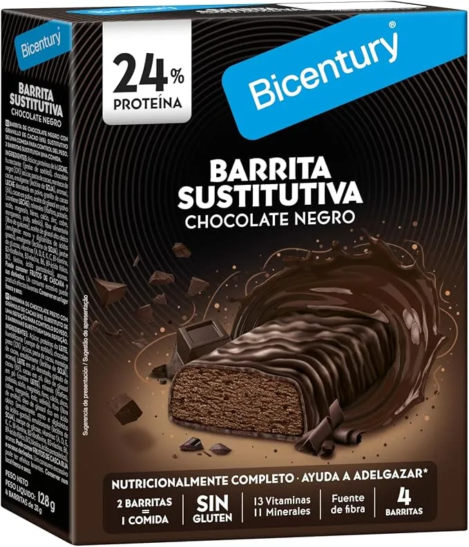 Bicentury Barrita Sustitutiva Chocolate Negro - 4 Barritas (128g)