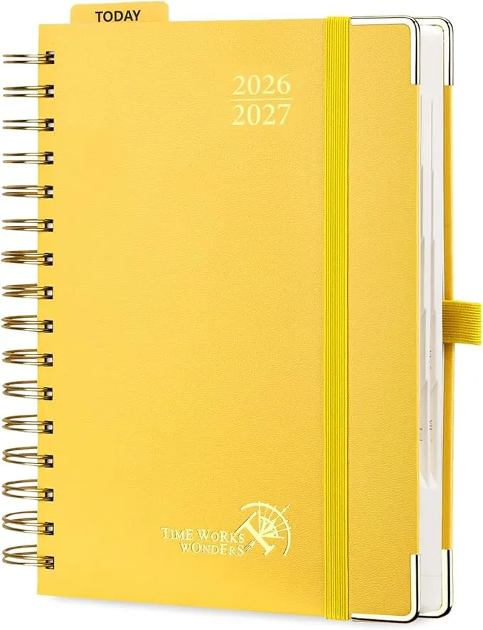 POPRUN Agenda 2026-2027 Día Por Página A5 Tapa Dura Espiral Amarillo Claro
