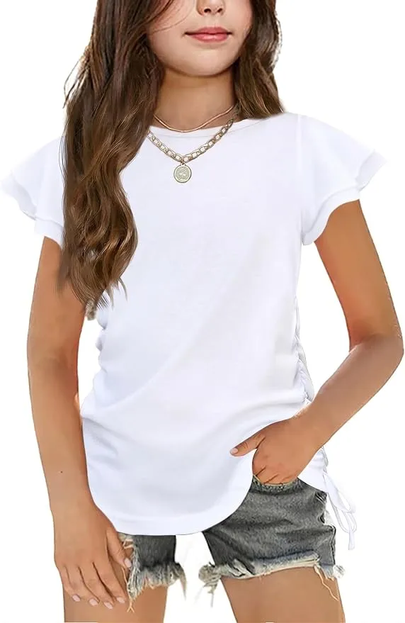 Arshiner Camiseta Niñas Blanco Verano Manga Corta Tops Niños Boda Top Ropa Infantil con Cordón 9-10 Años