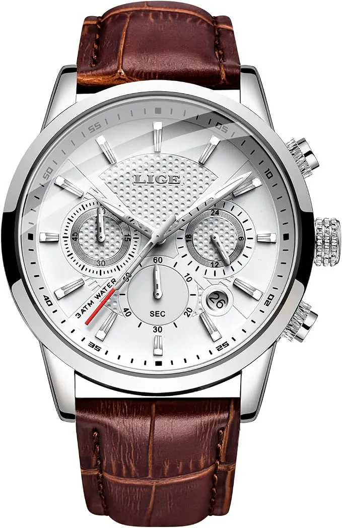 LIGE Reloj Analógico para Hombre con Correa de Piel y Cronógrafo