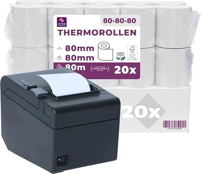 Pack 20 Rollos Papel Térmico 80x80mm para Impresoras de Tickets y Recibos