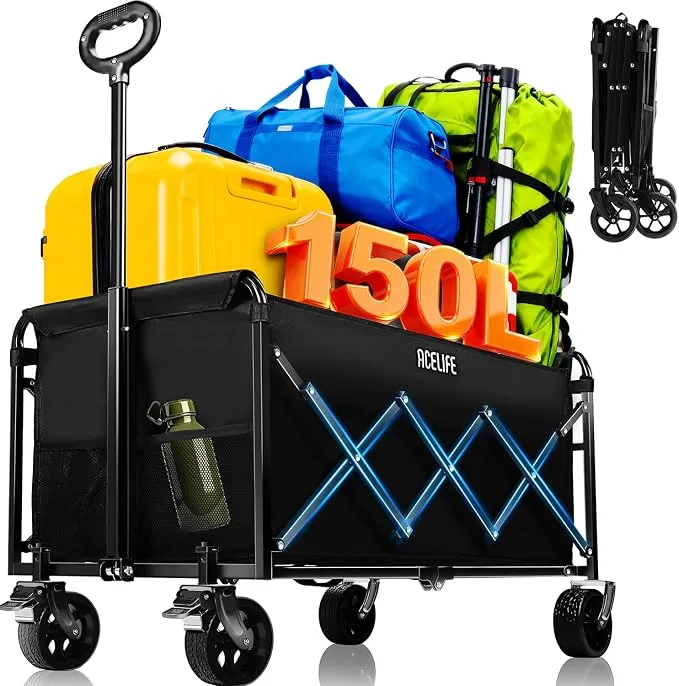 Carro Plegable de Mano ACELIFE 150L con Ruedas Todoterreno y Mango Ajustable