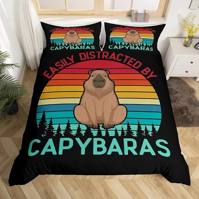 Funda Nórdica Doble 3 Piezas Capybara Arcoíris para Niños y Adolescentes