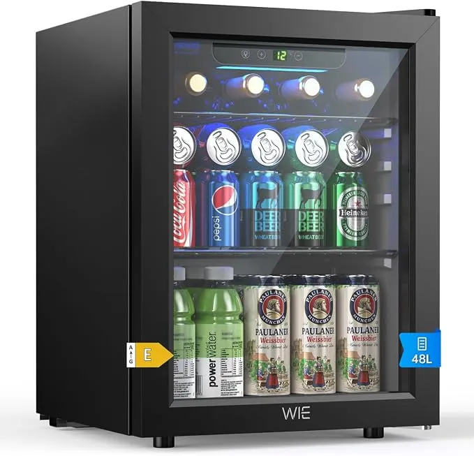 WIE Nevera Pequeña 48L con Puerta de Cristal y LED
