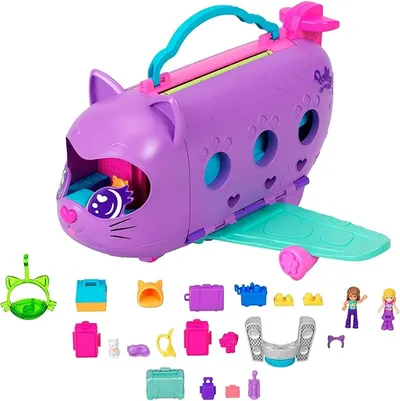 Polly Pocket Adventures in Rio Kitty Airways, Cofre con forma de avión, Set de juego para mini muñecas con 2 figuras, mascota y accesorios de viaje, juguete regalo para niños y niñas +4 años