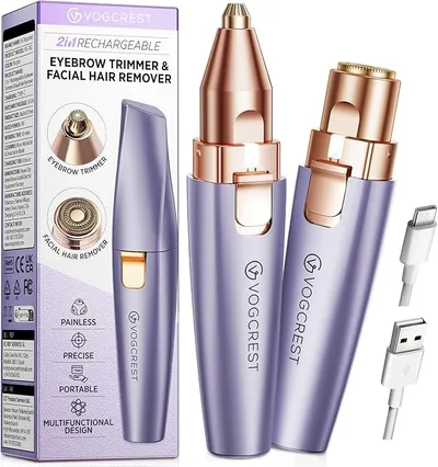 VG VOGCREST Recortador facial de cejas: 2 en 1, recargable, depilación facial y afeitadora de cejas, afeitadora facial sin dolor para cara, labios y cuerpo, con luz LED integrada (Morado)
