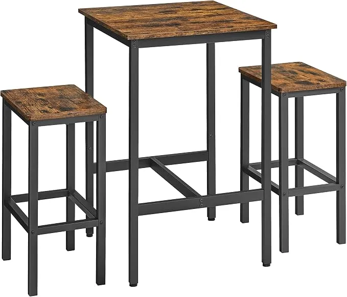 VASAGLE Mesa de Bar con 2 Taburetes, Estilo Rústico y Negro Mate, Colección BARNET