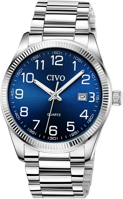 CIVO Reloj Hombre Fácil de Leer Acero Inoxidable Plateado Analógico Esfera Grande Impermeable