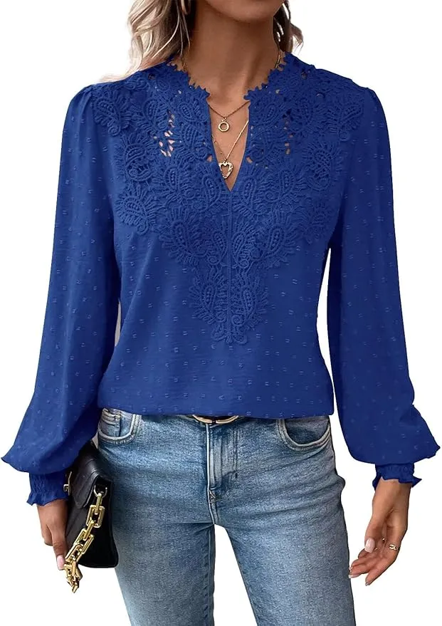 Blusa de manga larga azul para mujer, estilo boho, cuello en V, talla XL