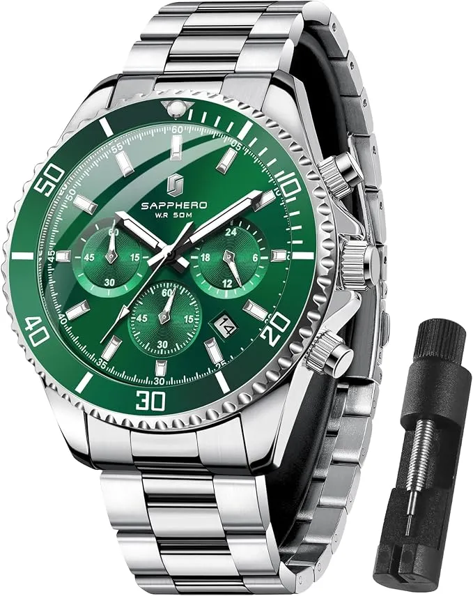 Reloj SAPPHERO Cronógrafo Analógico de Cuarzo para Hombre, Acero Inoxidable, 50M Impermeable