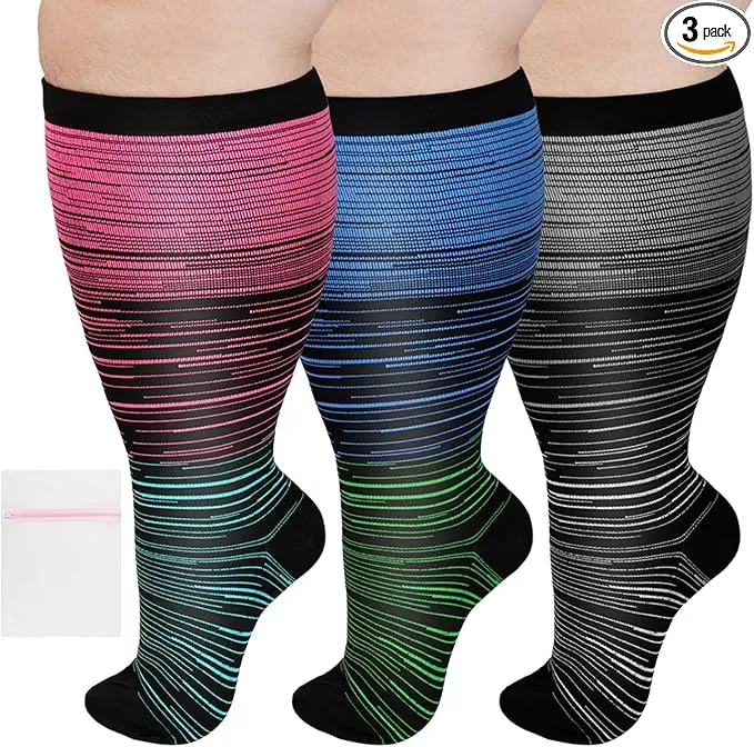 AOOWU Calcetines de Compresión Talla Grande (3 Pares) con Bolsa de Malla