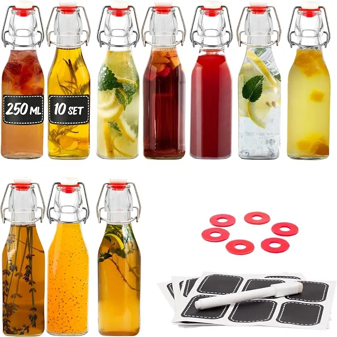 Praknu 10 Botellas de Cristal 250ml con Tapón Hermético y Accesorios
