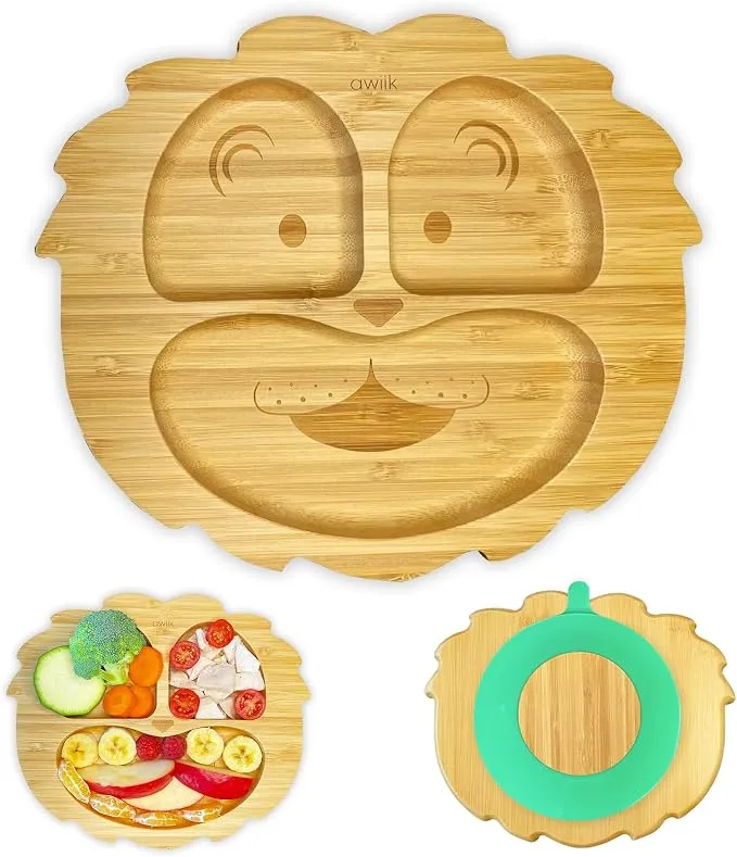 Plato de Bambú Antivuelco con Ventosa para Bebés y Niños