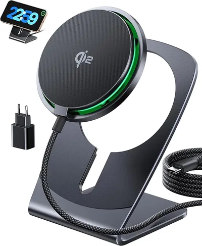 INUI Cargador Inalámbrico iPhone, 15W Certificado Qi2 Base Carga Rápida Magnética y Soporte Móvil, Mag-Safe Wireless Charger for iPhone 17 16 15 14 13 Pro Max Mini AirPods 4 3(con Adaptador USB C 20W)