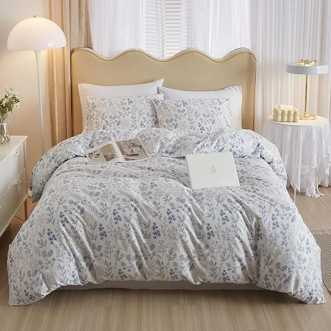 Funda de edredón de 3 piezas, tamaño Queen, funda de edredón blanca con estampado floral azul