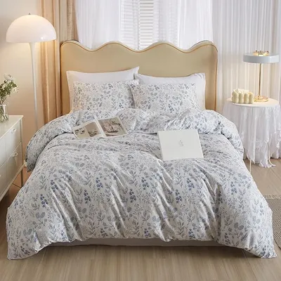 Funda de edredón de 3 piezas, tamaño Queen, funda de edredón blanca con estampado floral azul