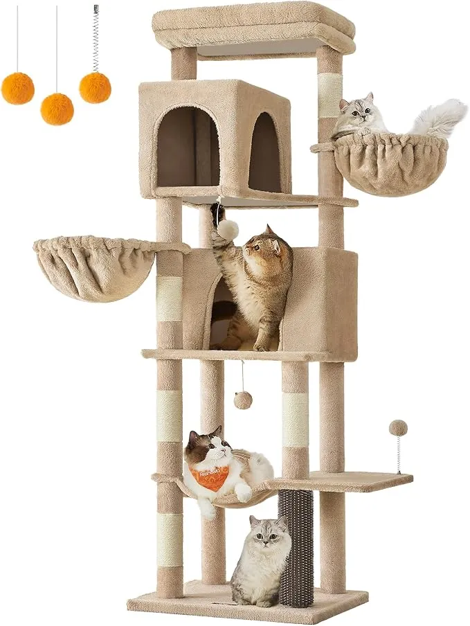 Feandrea Árbol para Gatos Multinivel de 174 cm con 2 Cuevas - Color Marrón Camello