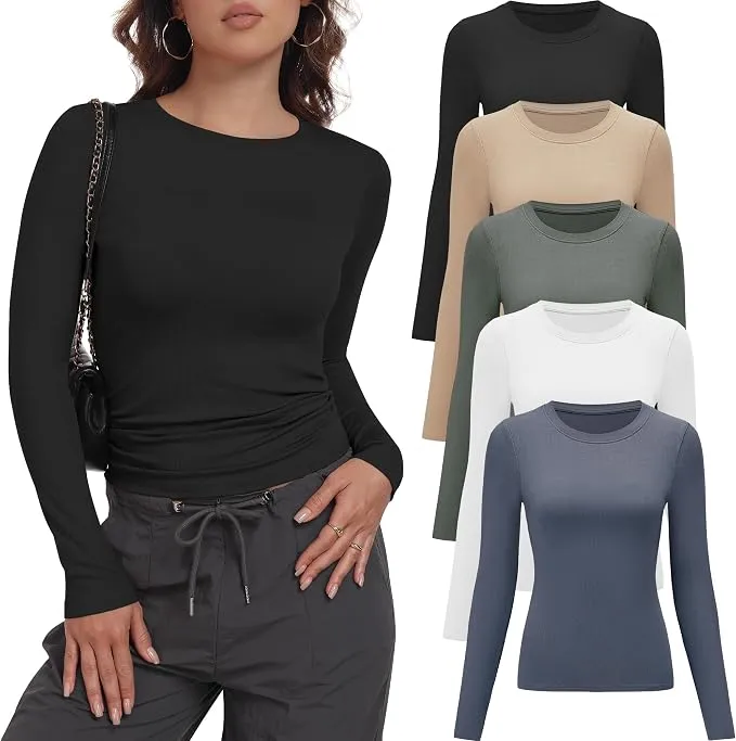 Pack de 3 o 5 Camisetas Manga Larga Mujer miijoory Cuello Redondo